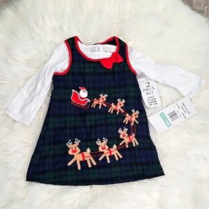 New Rare Editions Two Piece Plaid Santa and Reindeer Dress Set Size 18 Months